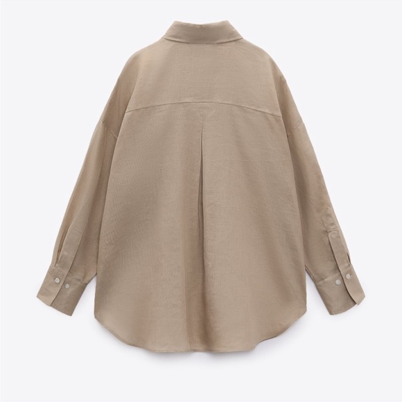 Zara Linen Button-Down Shirt with Pocket in Beige/Tan - Picture 7 of 9